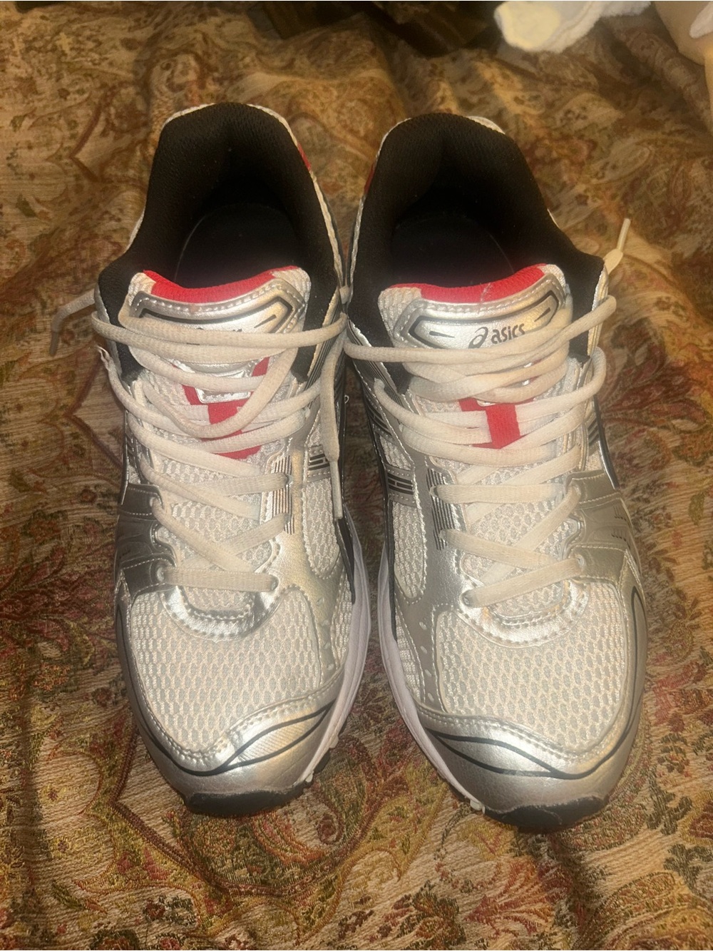 ASICS Men’s White Silver Running Shoes with Red Accent